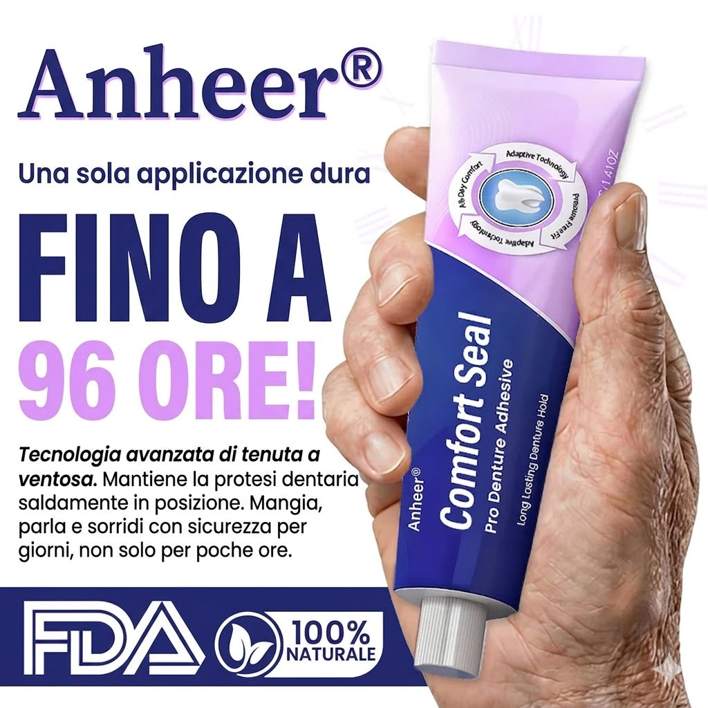 🔥 OFFERTA SPECIALE A TEMPO LIMITATO 🔥 Adesivo per Protesi Dentarie Anheer® Comfort Seal Pro 🦷💜 Certificato FDA (Tenuta Bloccata Clinicamente Testata per 96 Ore per una Protesi Salda, Confortevole e Priva di Zinco)