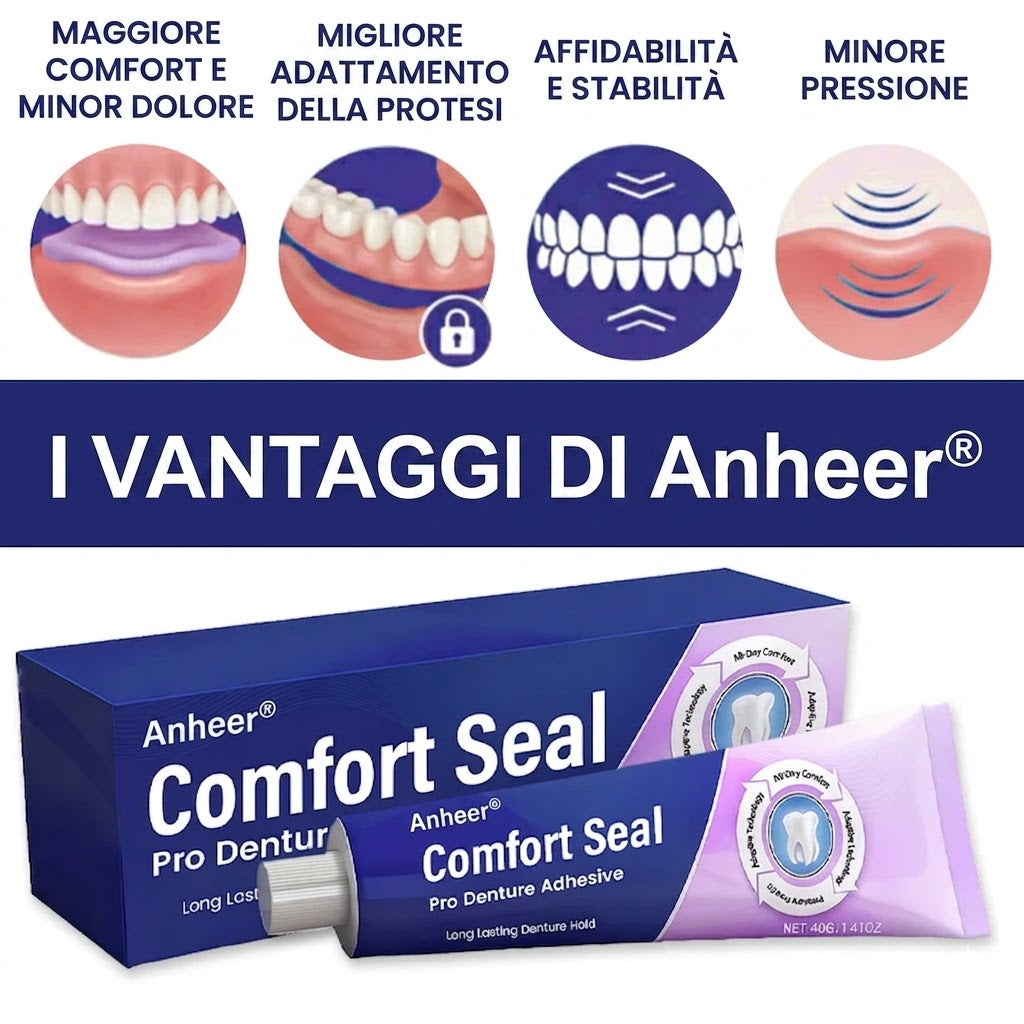 🔥 OFFERTA SPECIALE A TEMPO LIMITATO 🔥 Adesivo per Protesi Dentarie Anheer® Comfort Seal Pro 🦷💜 Certificato FDA (Tenuta Bloccata Clinicamente Testata per 96 Ore per una Protesi Salda, Confortevole e Priva di Zinco)