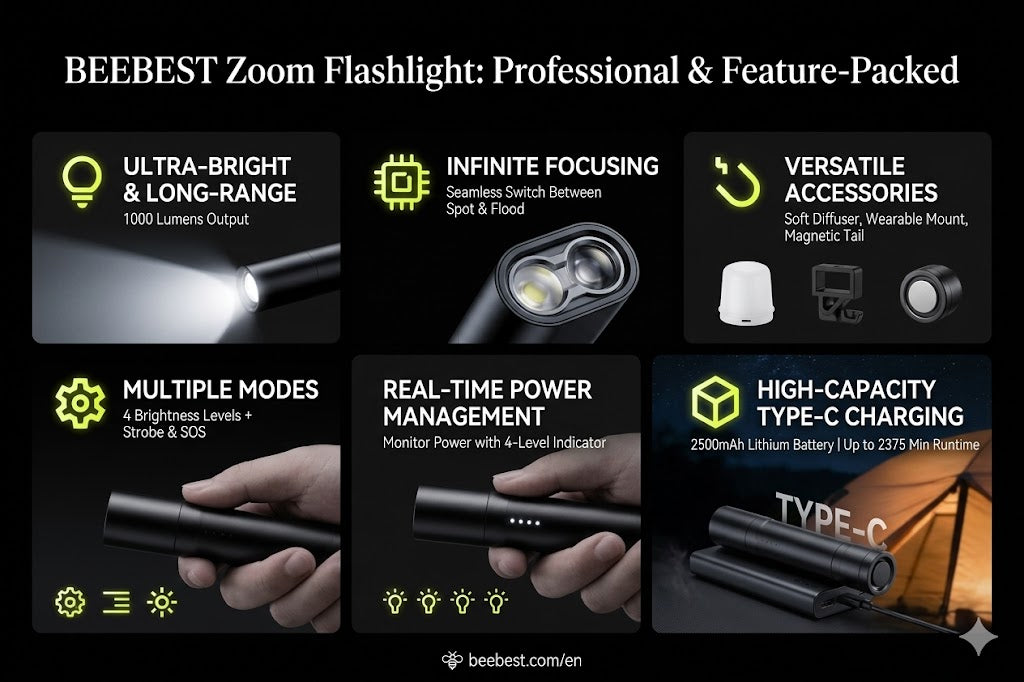 beebest flashlight, high-brightness, zoom, portable, waterproof, rechargeable, long-lasting, outdoor, work light.